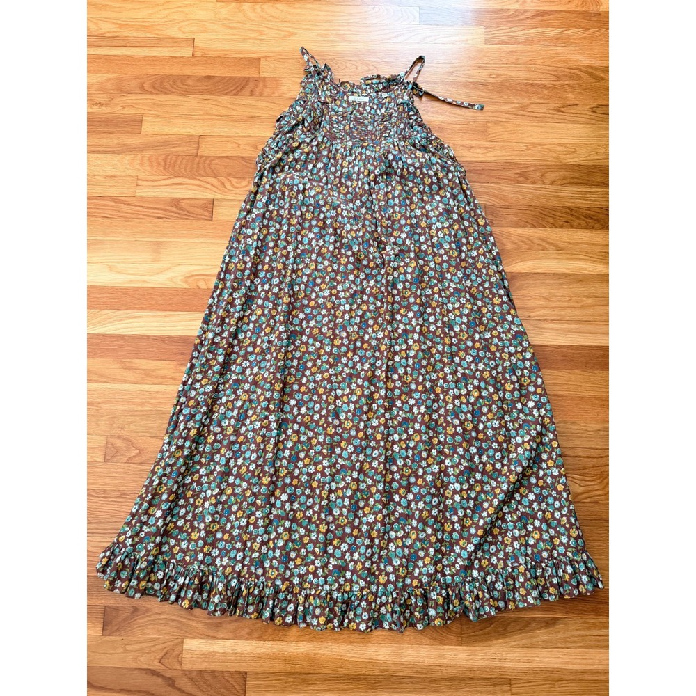 DOEN Plumosa Ruffle Maxi Dress XL Brown Floral Organic Cotton Boho